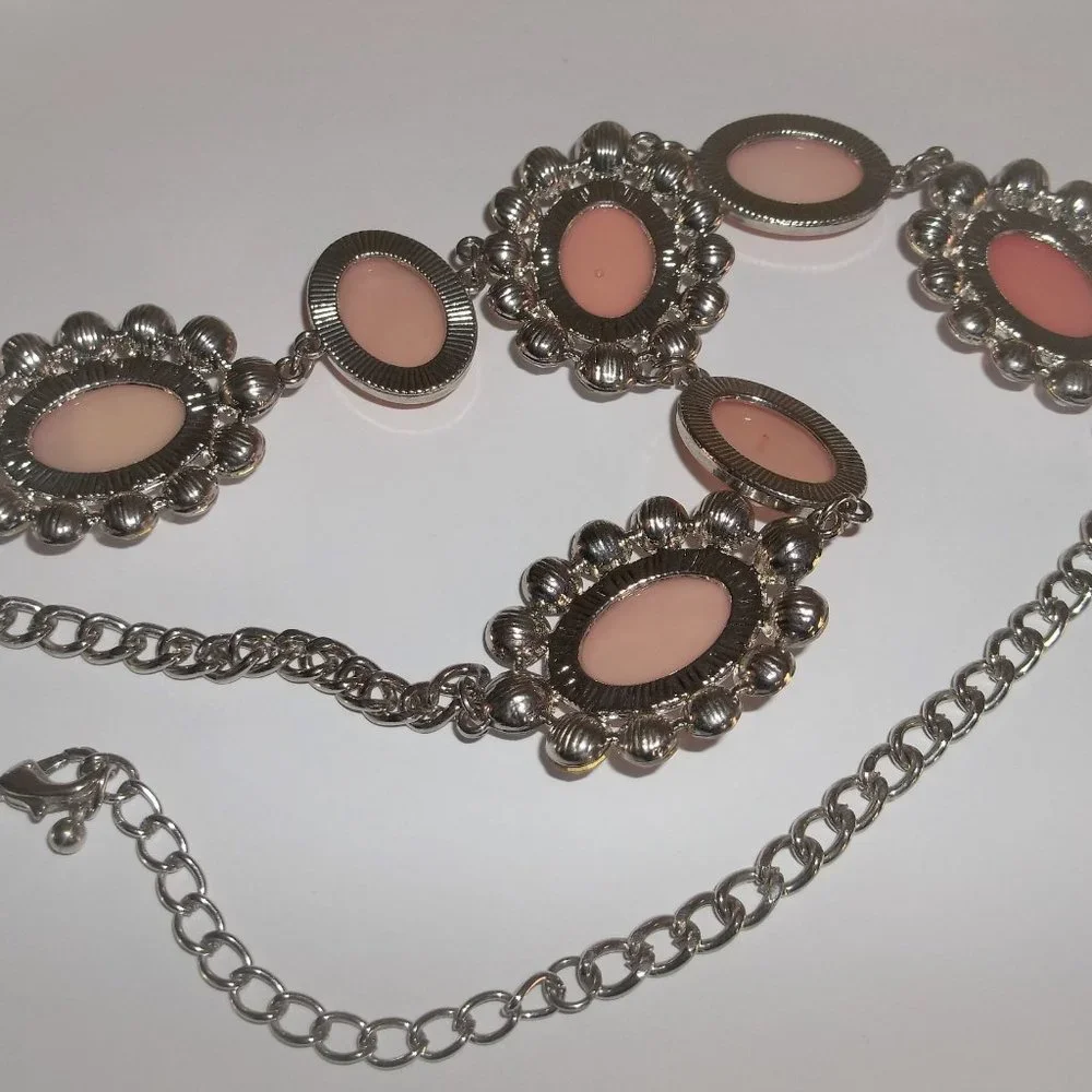 Pre-owned Statement Necklace Orange Peach and Silver White Rhinestones Big A206_5